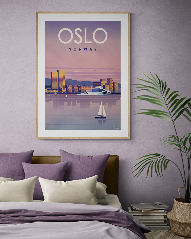 Oslo print above a bed with lilac bedding and a palm