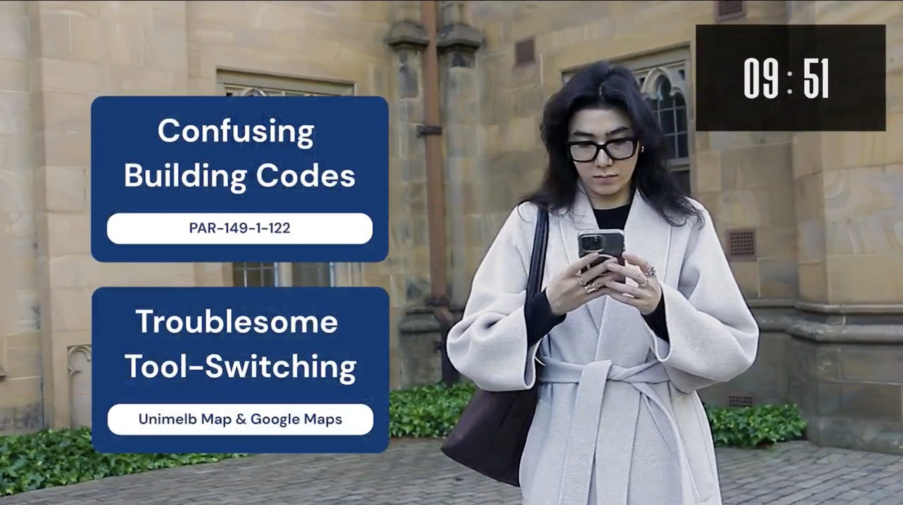 Film frame with cards reading Confusing Building Codes and Troublesome Tool-Switching over a student checking her phone outside a campus building